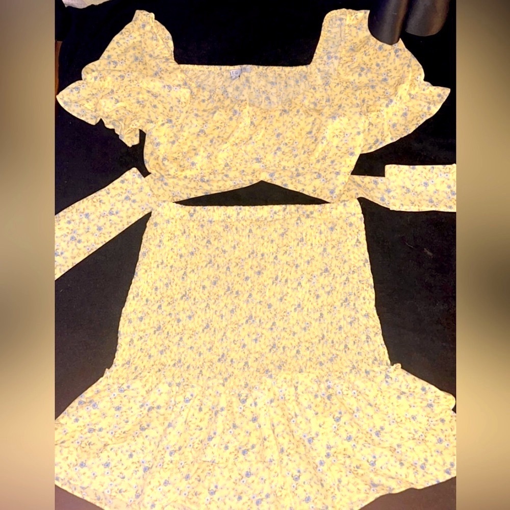 Yellow Floral Print Tie-Back Crop Top & Skirt Set